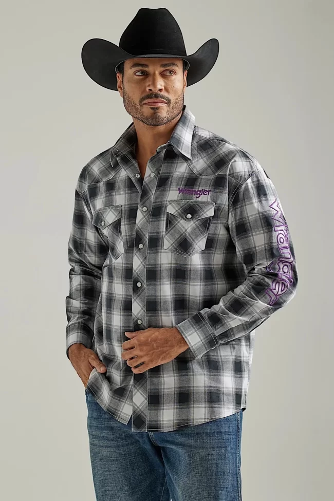 Wrangler Mens Logo L/S Western Snap Plaid Shirt